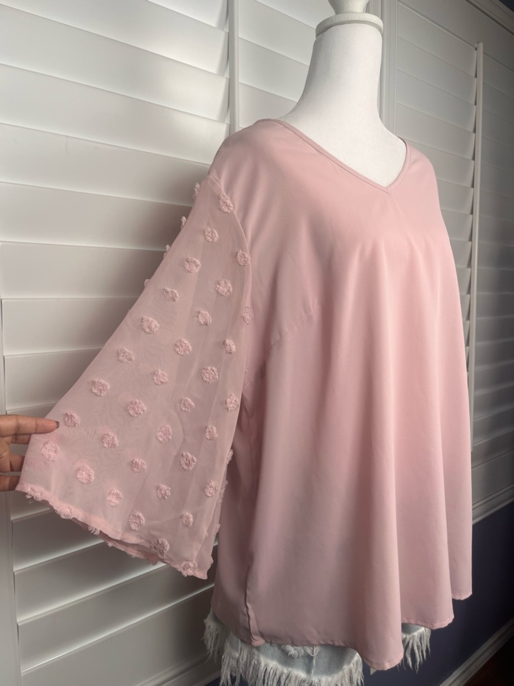 SHEIN Pink V-Neck Blouse Textured Dot Bell Sleeves Size 1XL cottagecore coastal